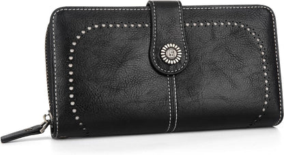 Schwarze Leder-Geldbörse mit Druckknopf, elegantes Design, Damen-Portemonnaie.