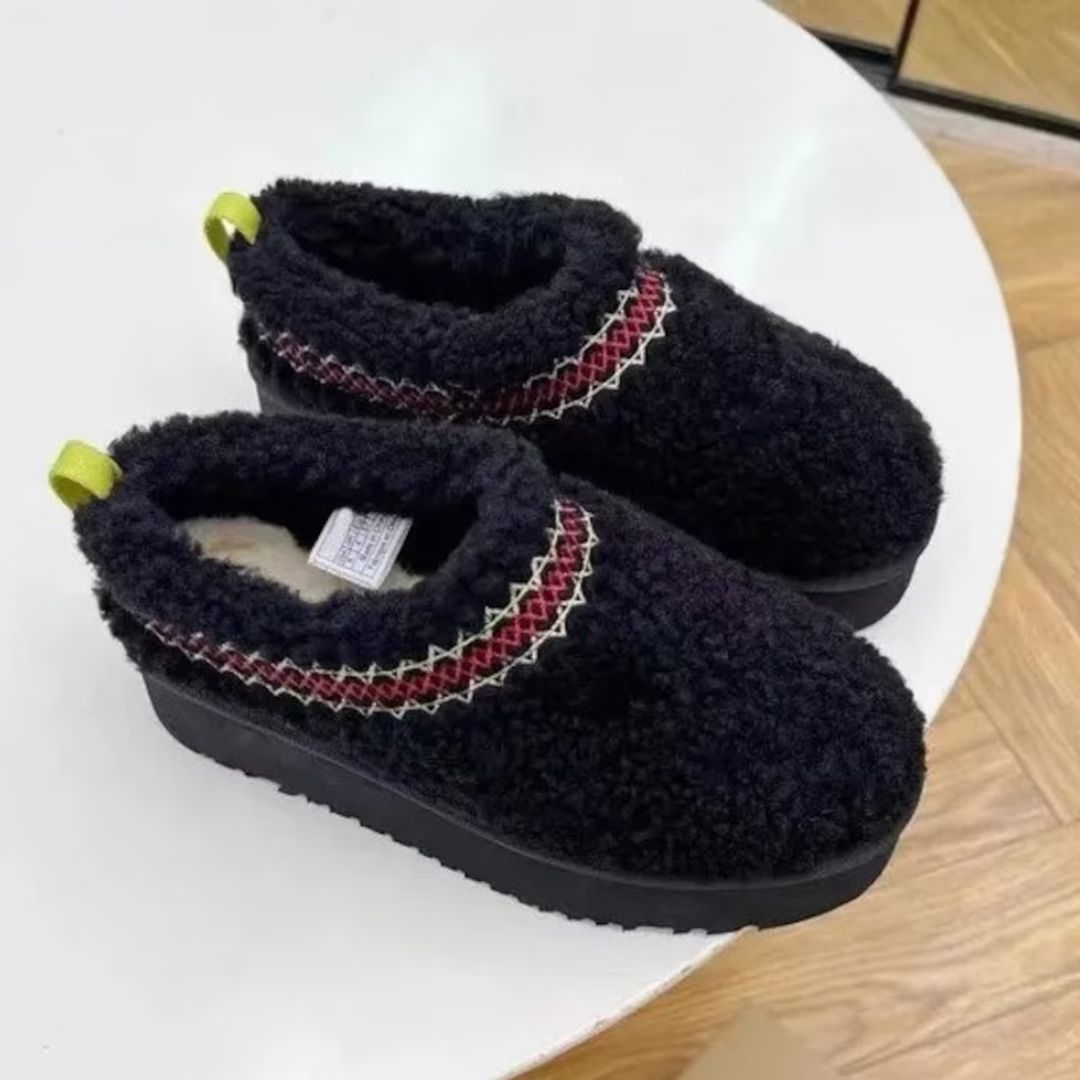 Schwarze Plüsch-Hausschuhe mit rotem Muster, rutschfeste Sohle, gemütlich, warm, Damenmode.