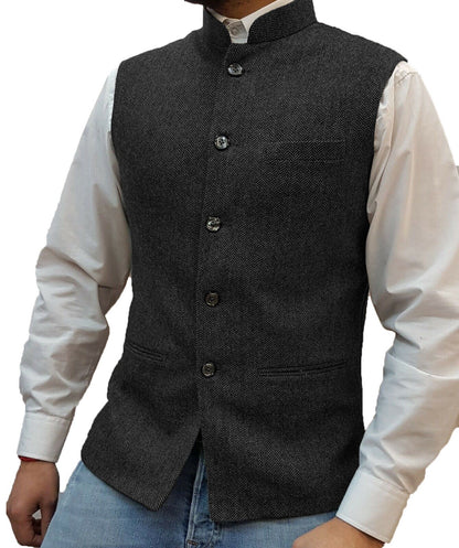 Schwarze Herrenweste aus Tweed, ärmellos, mit Knopfleiste, elegantes Design, ideal für Business.