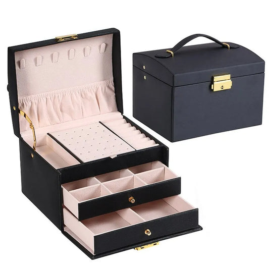 Schwarze Schmuckbox aus Leder mit Fächern und Schloss, ideal zur Schmuckaufbewahrung.