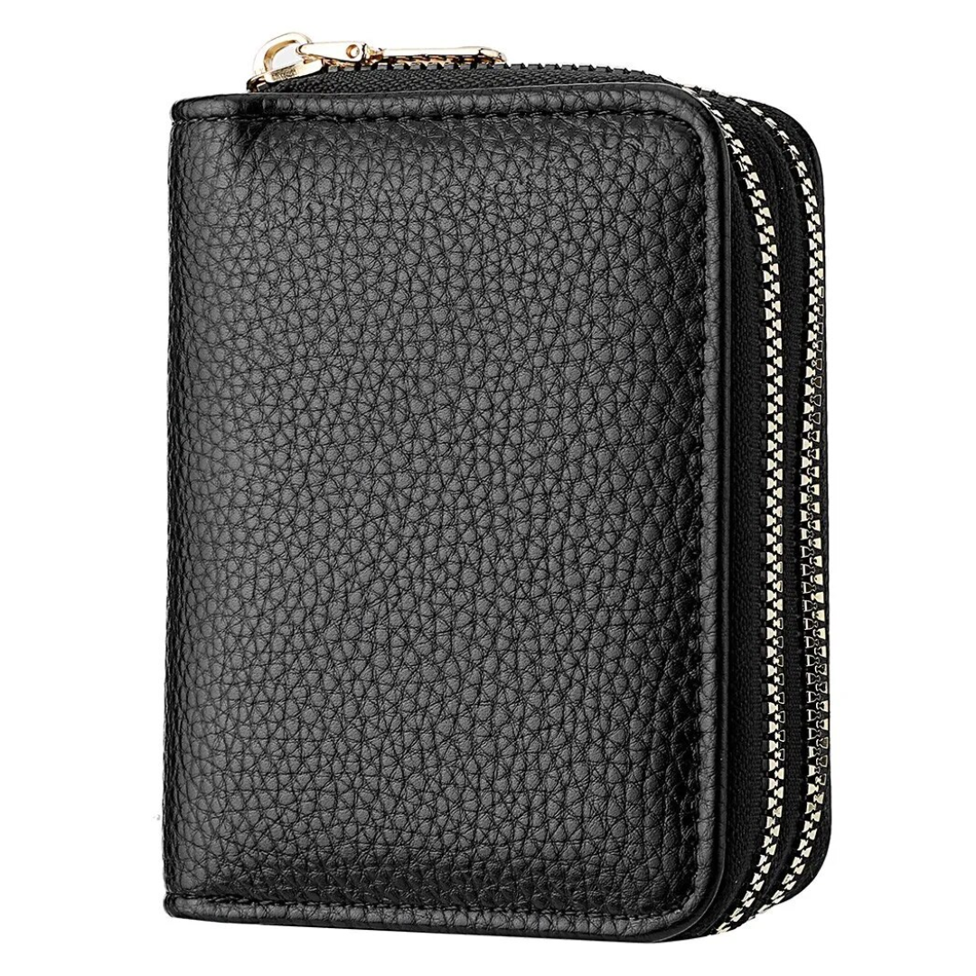 Schwarzes Leder-Portemonnaie mit Reißverschluss, kompakt, elegant, für Damen und Herren.
