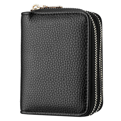 Schwarzes Leder-Portemonnaie mit Reißverschluss, kompakt, elegant, für Damen und Herren.