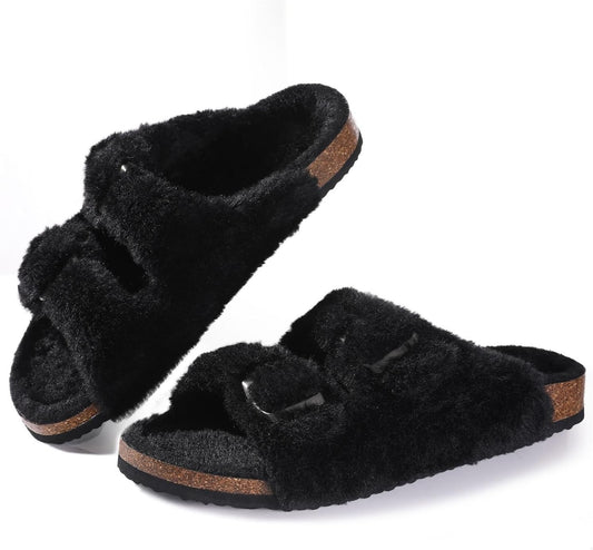 Schwarze flauschige Hausschuhe mit Korksohle, Damen, bequem, modisch, rutschfest.