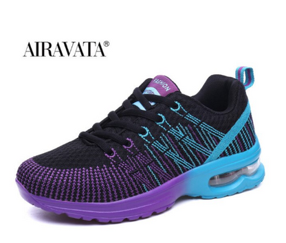 Schwarzer Sportschuh mit lila und blauen Akzenten, Air-Sohle, atmungsaktives Mesh, Damen Sneaker.