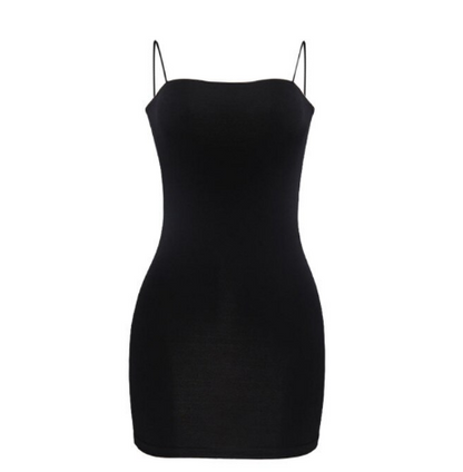 Schwarzes Minikleid mit Spaghettiträgern, figurbetont, Damenmode, elegantes Abendkleid.