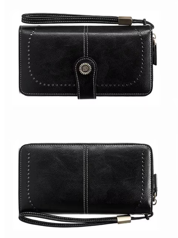 Schwarze Leder-Geldbörse mit Reißverschluss, Armband, Vintage-Design, Damen-Accessoire.