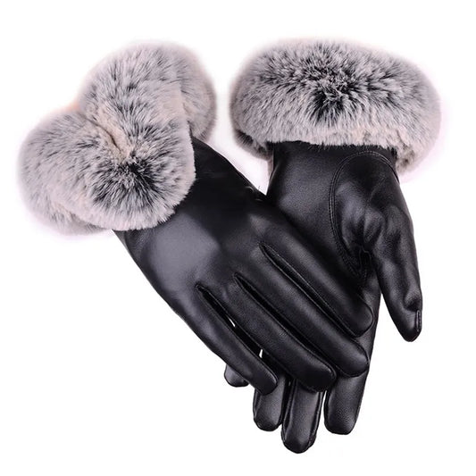Schwarze Lederhandschuhe mit grauem Kunstpelzbesatz, elegant, warm, Damenmode.