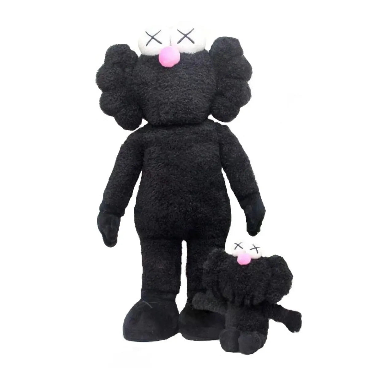 Schwarze Plüschfigur mit rosa Nase und X-Augen, große und kleine Version, Kuscheltier.