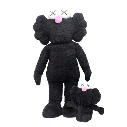 Schwarze Plüschfigur mit rosa Nase und X-Augen, große und kleine Version, Kuscheltier.