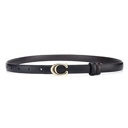 Schwarzer Ledergürtel mit goldener Schnalle, elegantes Accessoire, Damenmode.