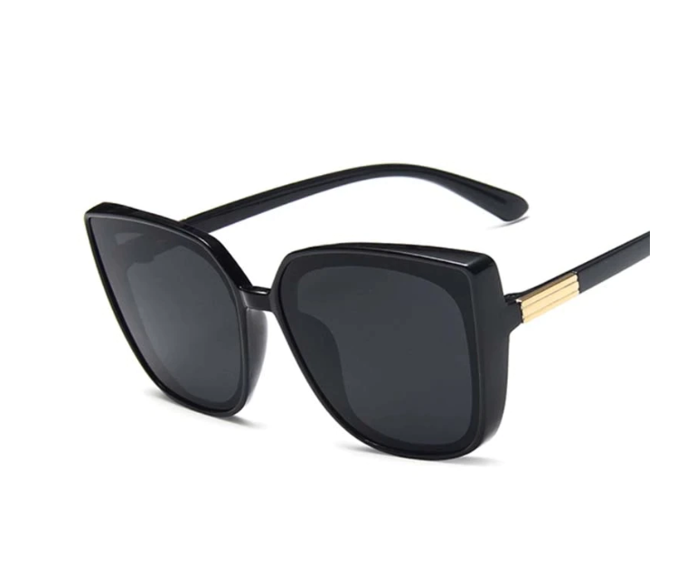 Schwarze Sonnenbrille Damen, quadratisch, UV-Schutz, modisch, Kunststoff, goldene Details.