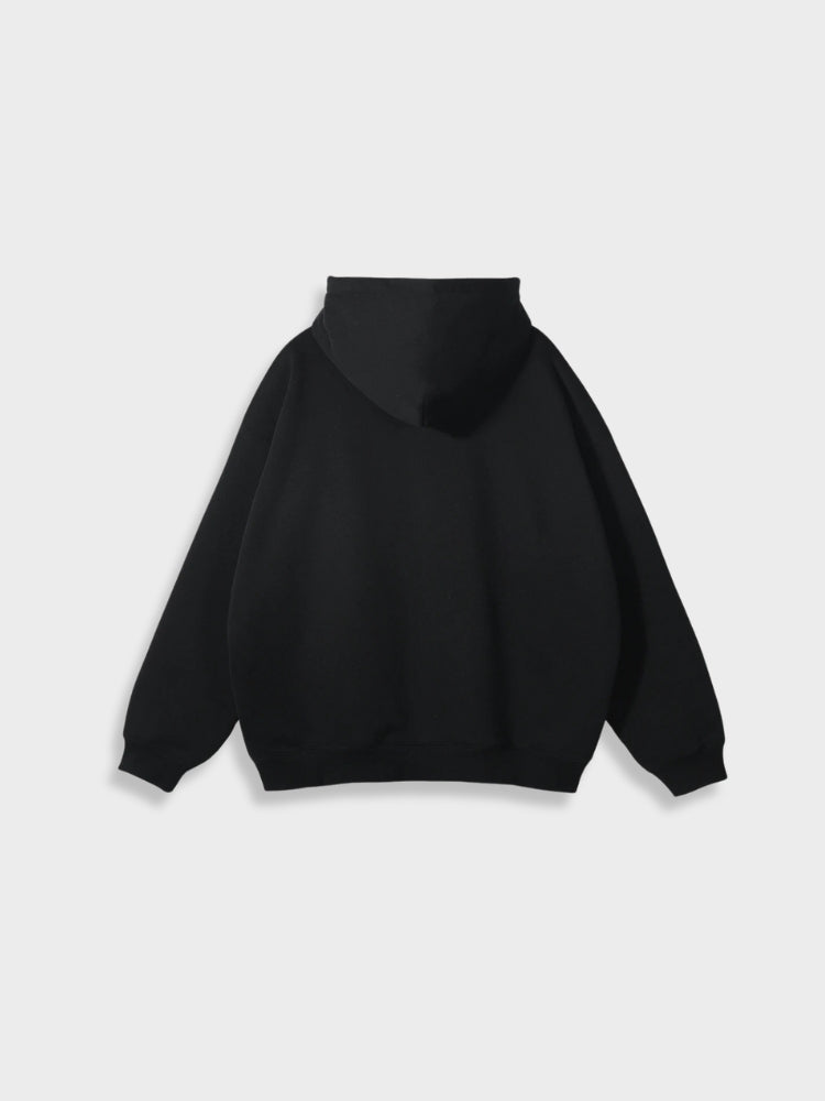 Schwarzer Kapuzenpullover, Unisex, Baumwolle, Rückansicht, lässig, modisch, bequem.