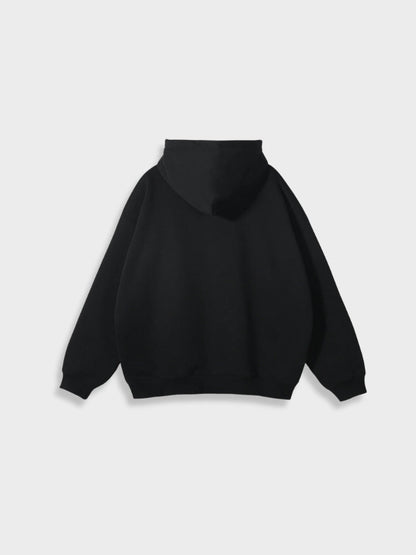 Schwarzer Kapuzenpullover, Unisex, Baumwolle, Rückansicht, lässig, modisch, bequem.