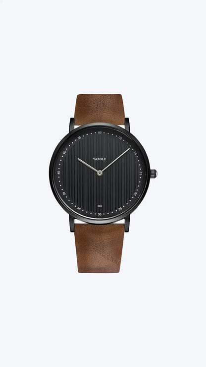 Schwarze Armbanduhr mit braunem Lederarmband, minimalistisches Design, Herrenuhr.