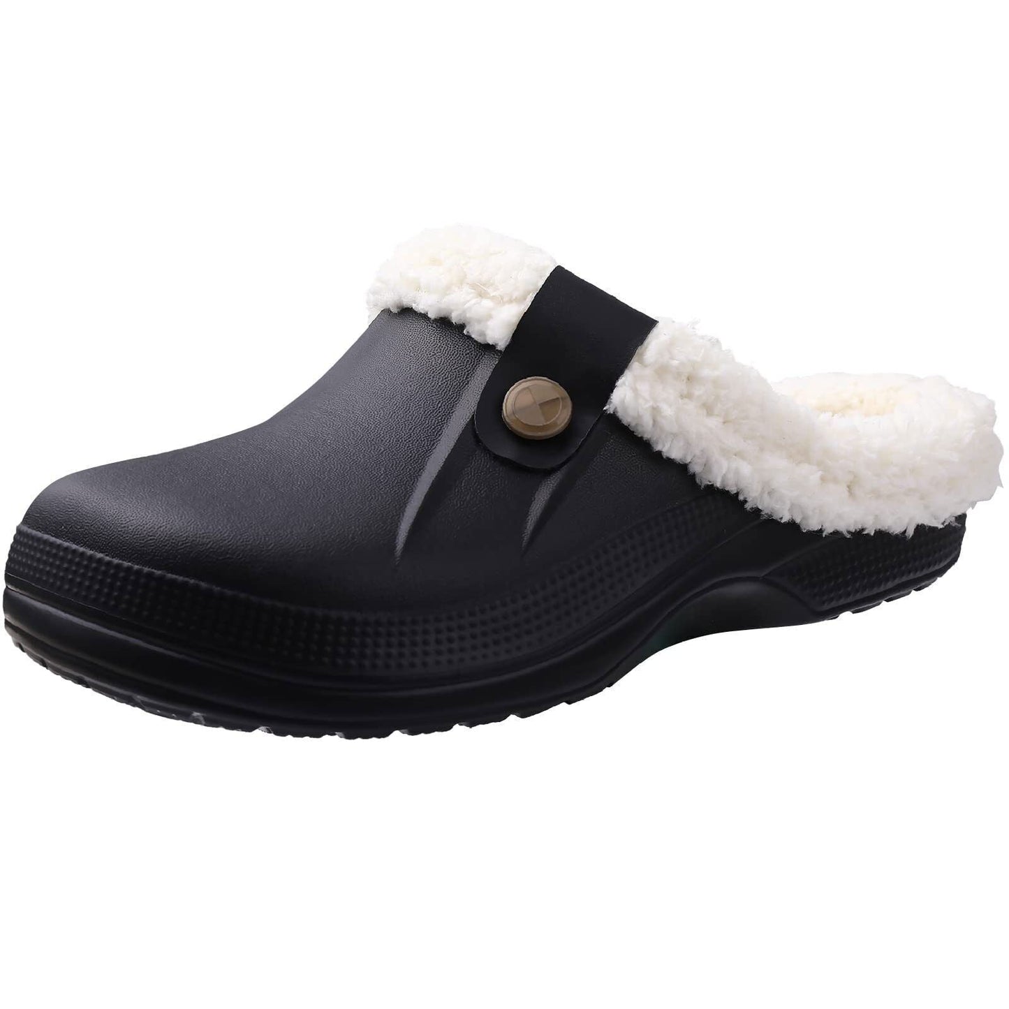Schwarzer Clog mit weißem Kunstfellfutter, rutschfest, bequem, Unisex-Hausschuh.