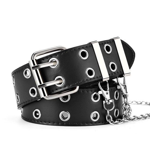 Schwarzer Ledergürtel mit Ketten, silberne Ösen, modisch, Unisex-Accessoire.