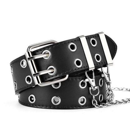 Schwarzer Ledergürtel mit Ketten, silberne Ösen, modisch, Unisex-Accessoire.