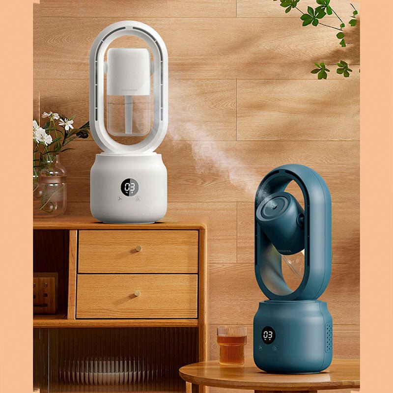 Bladeless tragbarer Ventilator mit Luftbefeuchter, weiß und blau, modernes Design, Holzhintergrund.