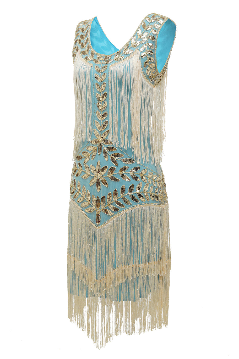Blaues Charleston-Kleid mit goldenen Pailletten und Fransen, ärmellos, 1920er Jahre Stil.