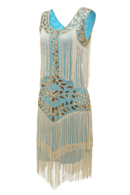 Blaues Charleston-Kleid mit goldenen Pailletten und Fransen, ärmellos, 1920er Jahre Stil.