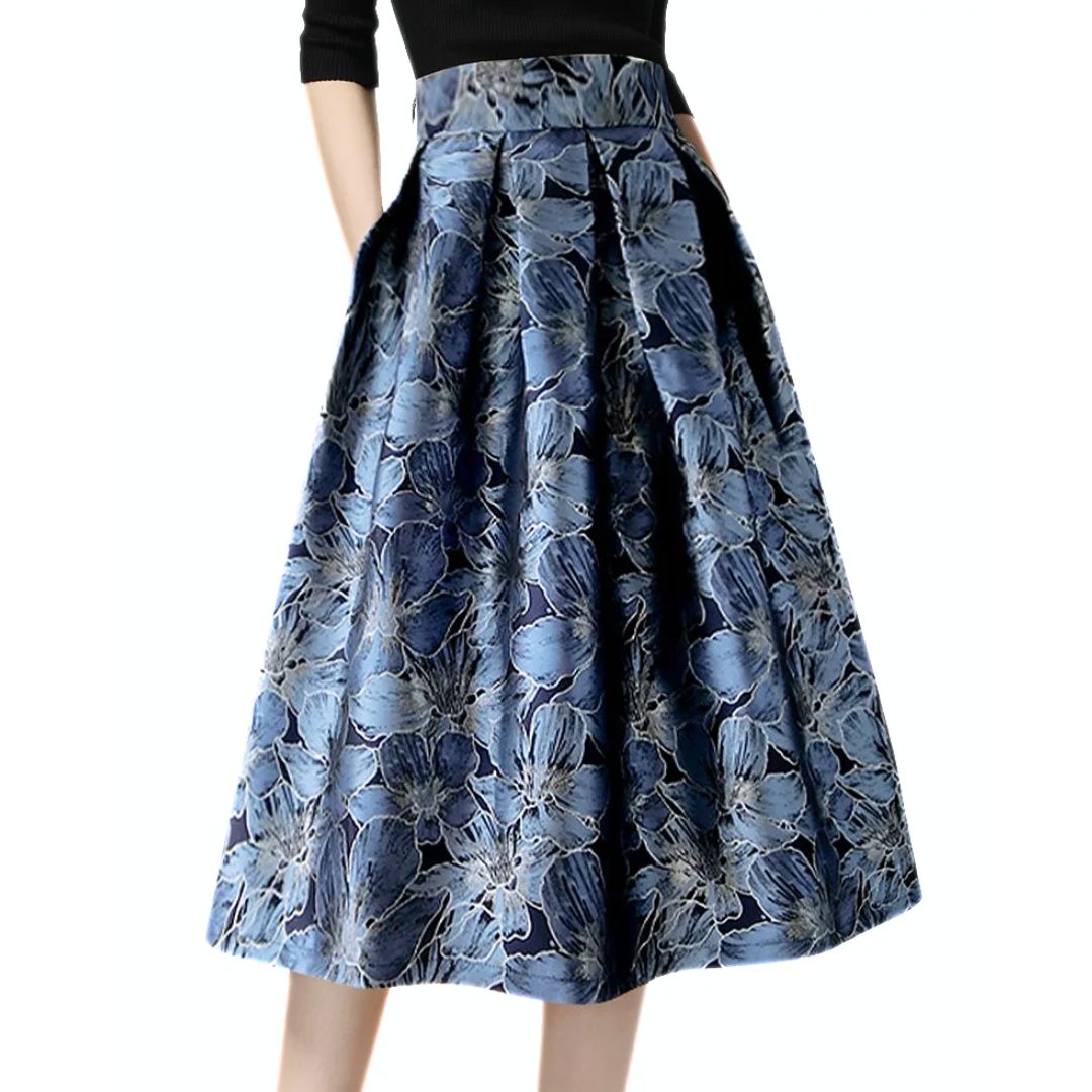 Damenrock blau floral, knielang, A-Linie, elegantes Design, Baumwolle, modisch, Freizeitkleidung