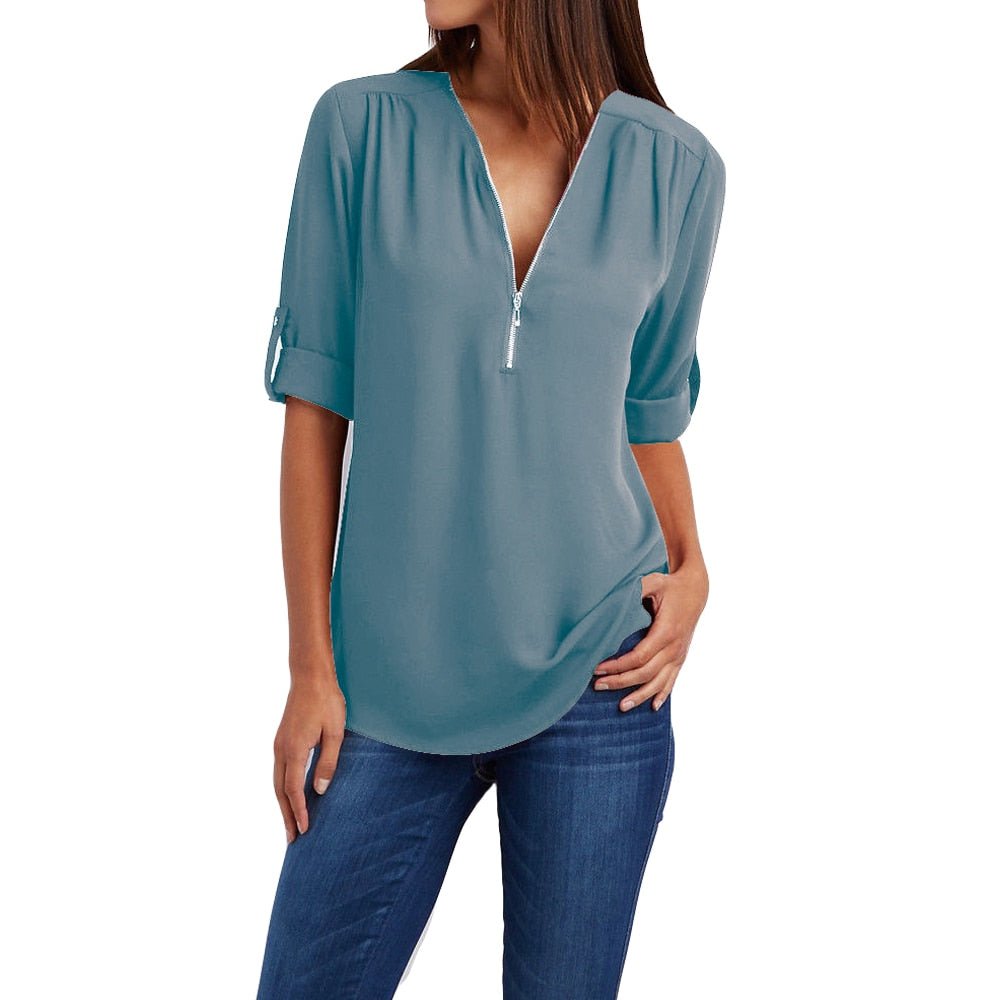 Damenbluse mit Reißverschluss, blau, 3/4-Ärmel, lässig, V-Ausschnitt, Freizeitmode.