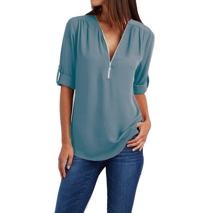 Damenbluse mit Reißverschluss, blau, 3/4-Ärmel, lässig, V-Ausschnitt, Freizeitmode.