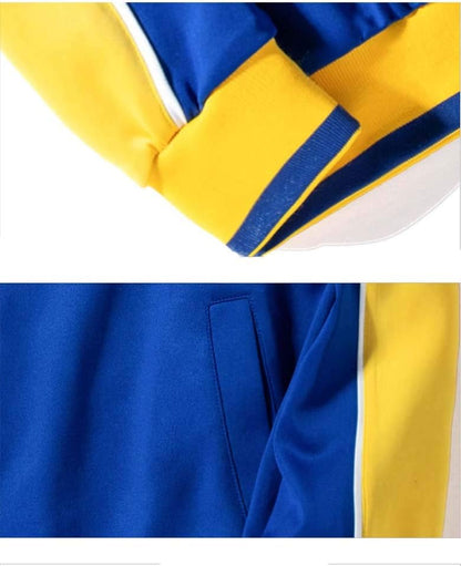 Blauer und gelber Trainingsanzug, Polyester, Sportbekleidung, elastische Bündchen, Seitentasche.