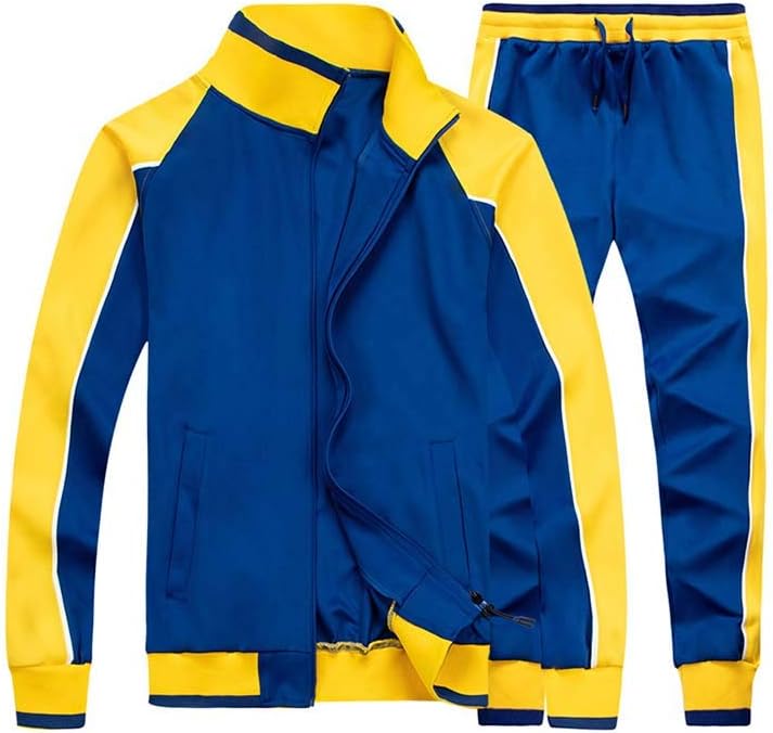 Blauer und gelber Trainingsanzug, Herren, Sportbekleidung, Polyester, Reißverschluss, Jogginghose.