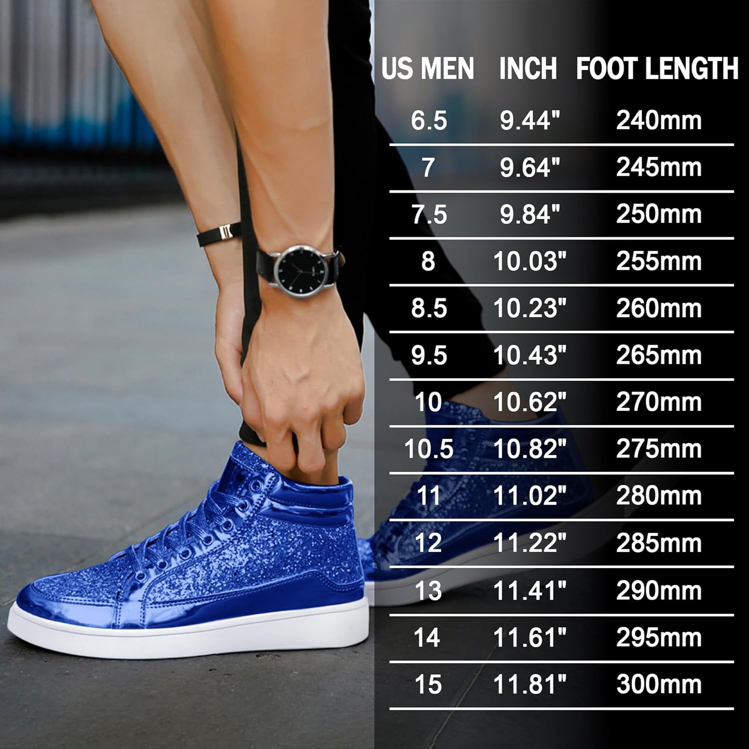 Blaue glitzernde High-Top-Sneaker, Herren, Größentabelle, modisch, sportlich, bequem.
