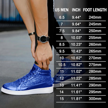 Blaue glitzernde High-Top-Sneaker, Herren, Größentabelle, modisch, sportlich, bequem.
