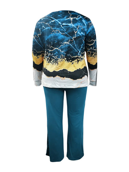 Damen Pyjama-Set, blau-goldenes Muster, langärmelig, bequeme Nachtwäsche, Baumwolle