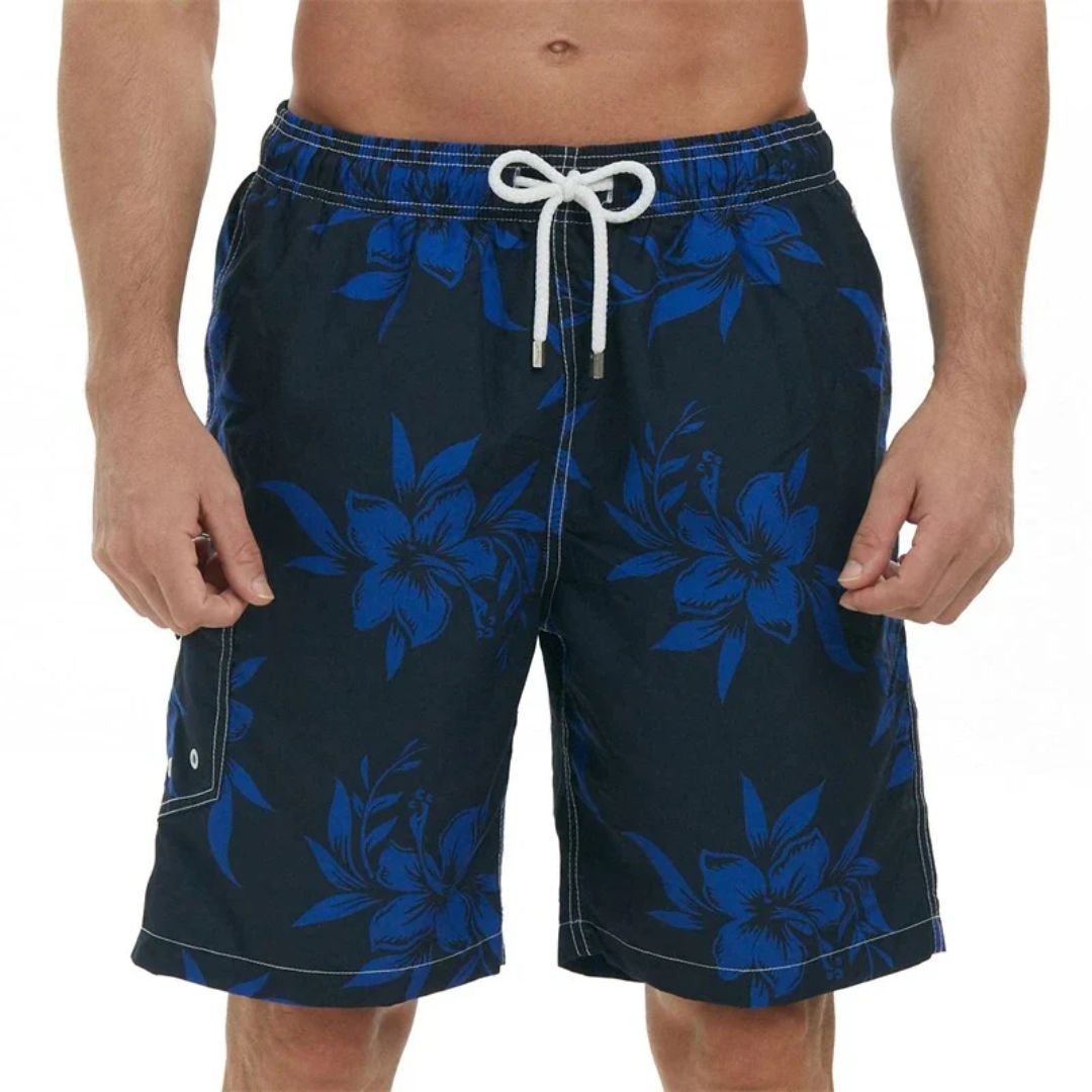 Männer-Badeshorts, blau mit Blumenmuster, Kordelzug, Sommermode, Strandbekleidung.