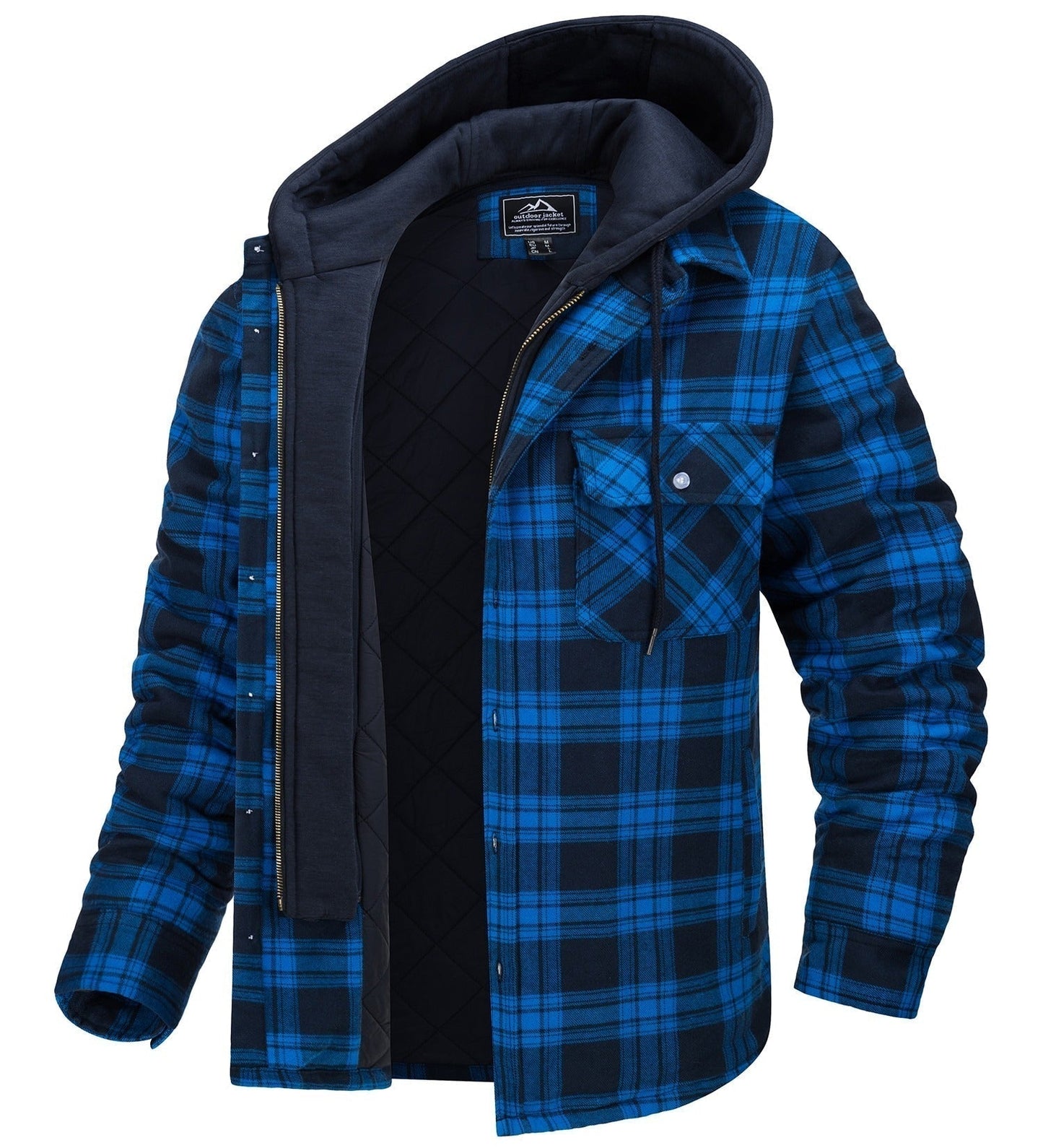 Blau-schwarzes kariertes Herrenhemd mit Kapuze, gefüttert, Freizeitmode, Baumwolle.