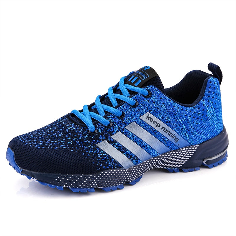 Blauer Laufschuh mit Streifen, atmungsaktiv, Sportschuh für Herren, Outdoor-Training.
