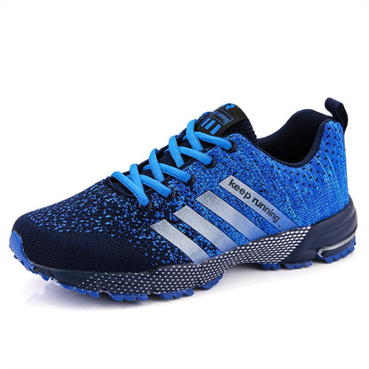 Blauer Laufschuh mit Streifen, atmungsaktiv, Sportschuh für Herren, Outdoor-Training.