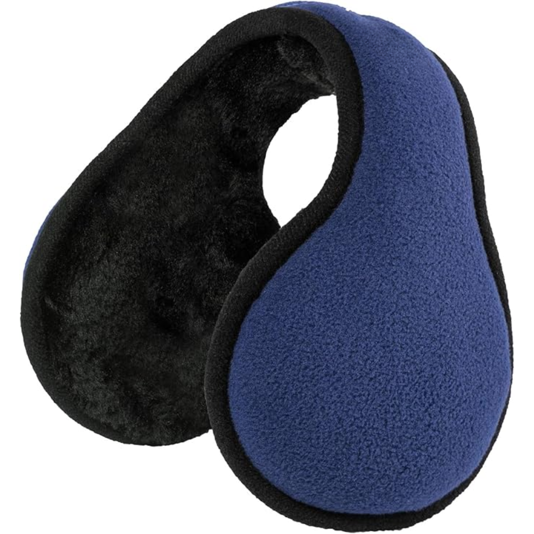 Blaue Fleece-Ohrenschützer, warm, wintertauglich, schwarz gefüttert, Unisex-Design.
