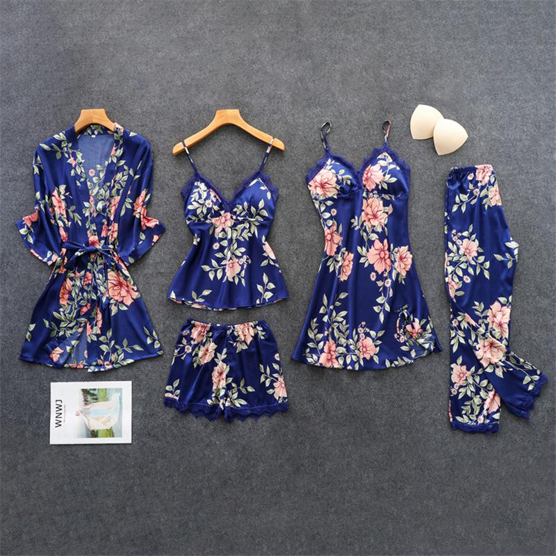 Damen Pyjama-Set, blau mit rosa Blumenmuster, Satin, 5-teilig, Nachtwäsche, elegant.