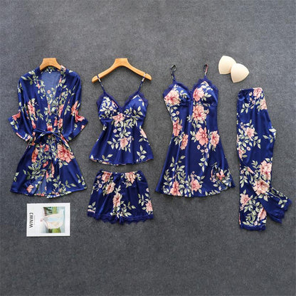 Damen Pyjama-Set, blau mit rosa Blumenmuster, Satin, 5-teilig, Nachtwäsche, elegant.