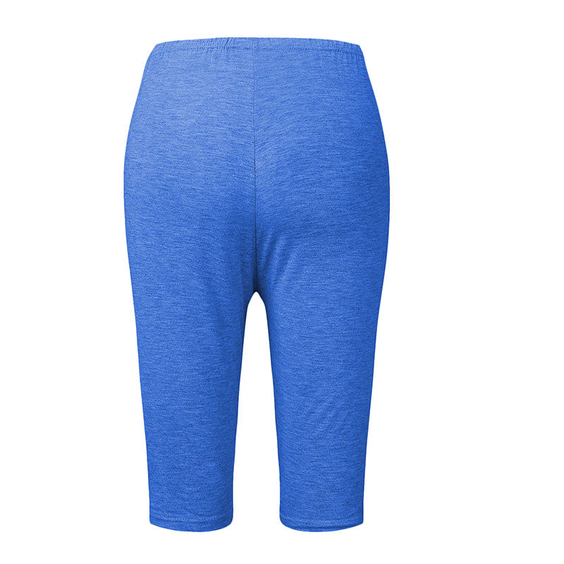 Blaue Damen-Radlerhose, elastisch, atmungsaktiv, ideal für Sport und Freizeit.