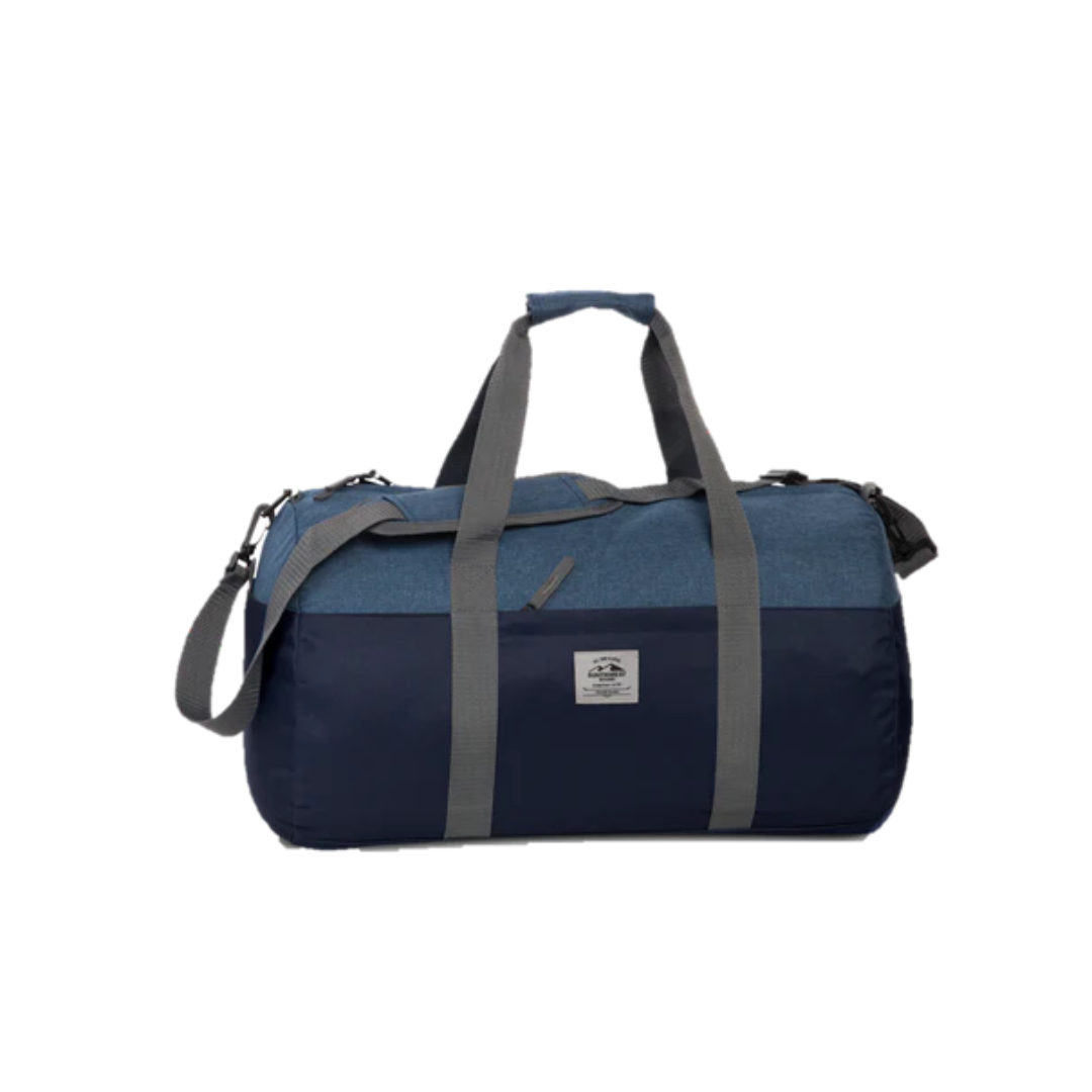 Blaue Sporttasche mit grauen Trägern, robustes Material, ideal für Fitness und Reisen.