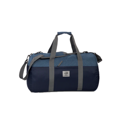 Blaue Sporttasche mit grauen Trägern, robustes Material, ideal für Fitness und Reisen.