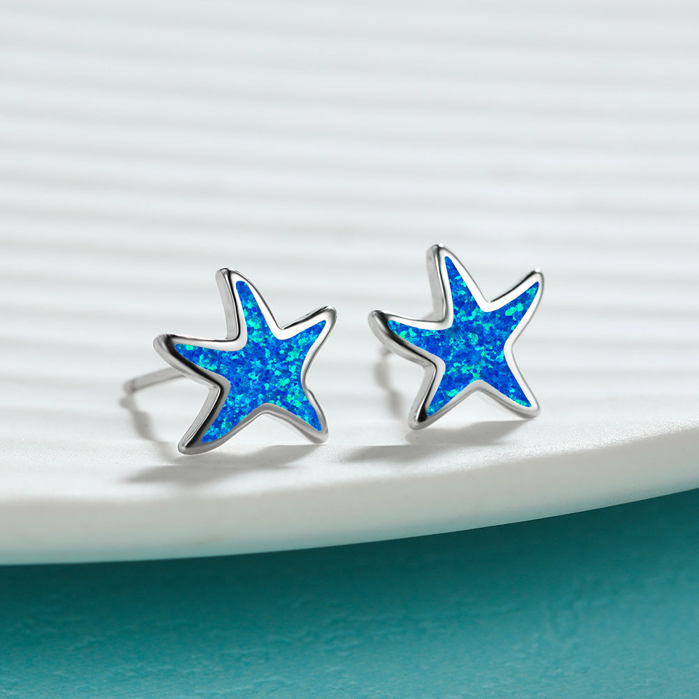 Blaue Seestern-Ohrringe aus Silber, funkelnd, modisch, Damen-Schmuck, Geschenkidee.