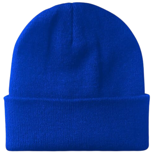 Blaue Strickmütze aus Wolle, Unisex Wintermode, warme Beanie, modisches Accessoire.