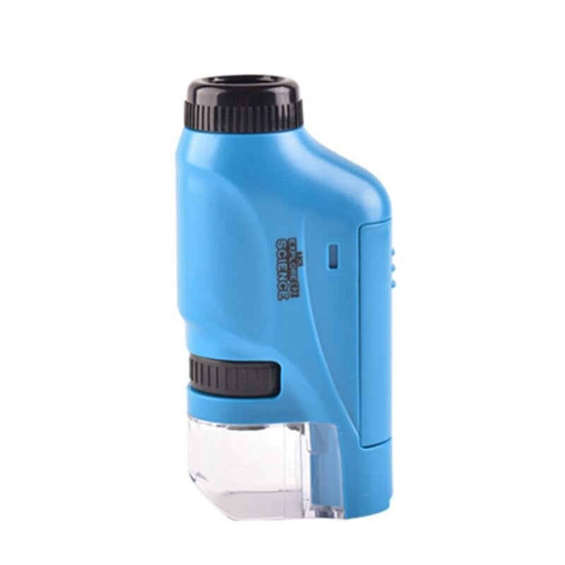 Blaues Taschenmikroskop mit LED-Beleuchtung, tragbar, Kunststoff, wissenschaftliches Werkzeug.