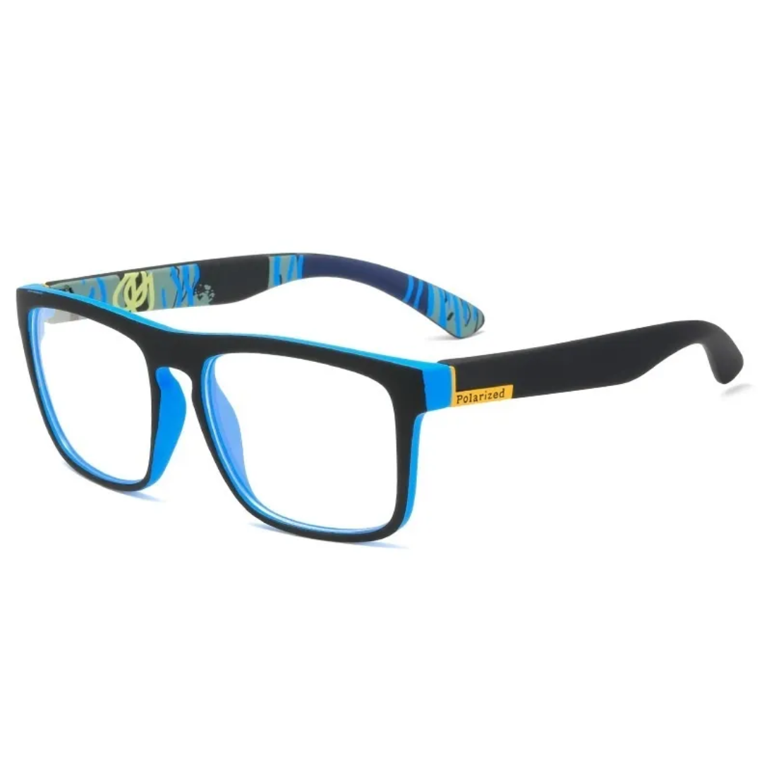 Blaue, transparente, polarisierte Sonnenbrille, rechteckig, modisch, Unisex-Design.