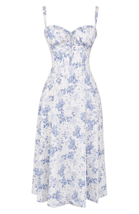 Blau-weißes florales Bustier-Sommerkleid, ärmellos, knielang, elegantes Design.