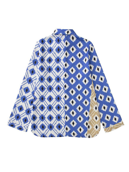 Blau-weißes Hemd mit geometrischem Muster, lange Ärmel, Baumwolle, modisch, Herrenbekleidung.