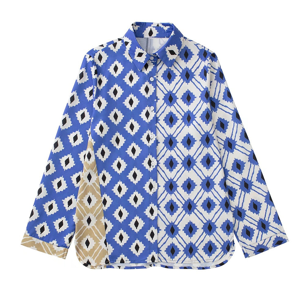 Blau-weißes Hemd mit geometrischem Muster, lange Ärmel, Baumwolle, modisch, Herrenbekleidung.