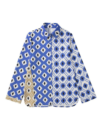 Blau-weißes Hemd mit geometrischem Muster, lange Ärmel, Baumwolle, modisch, Herrenbekleidung.
